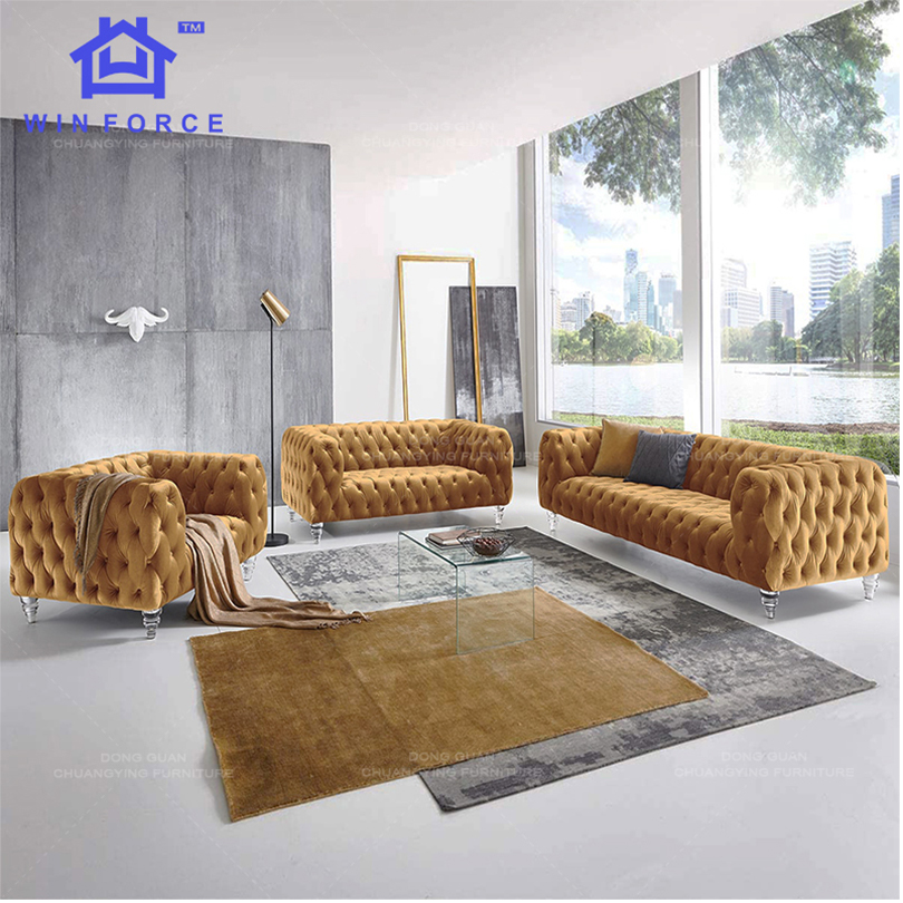 European Style Light Luxury Living Room Sofa Set Furniture Upholstered Chesterfield 3 Seater Sofa