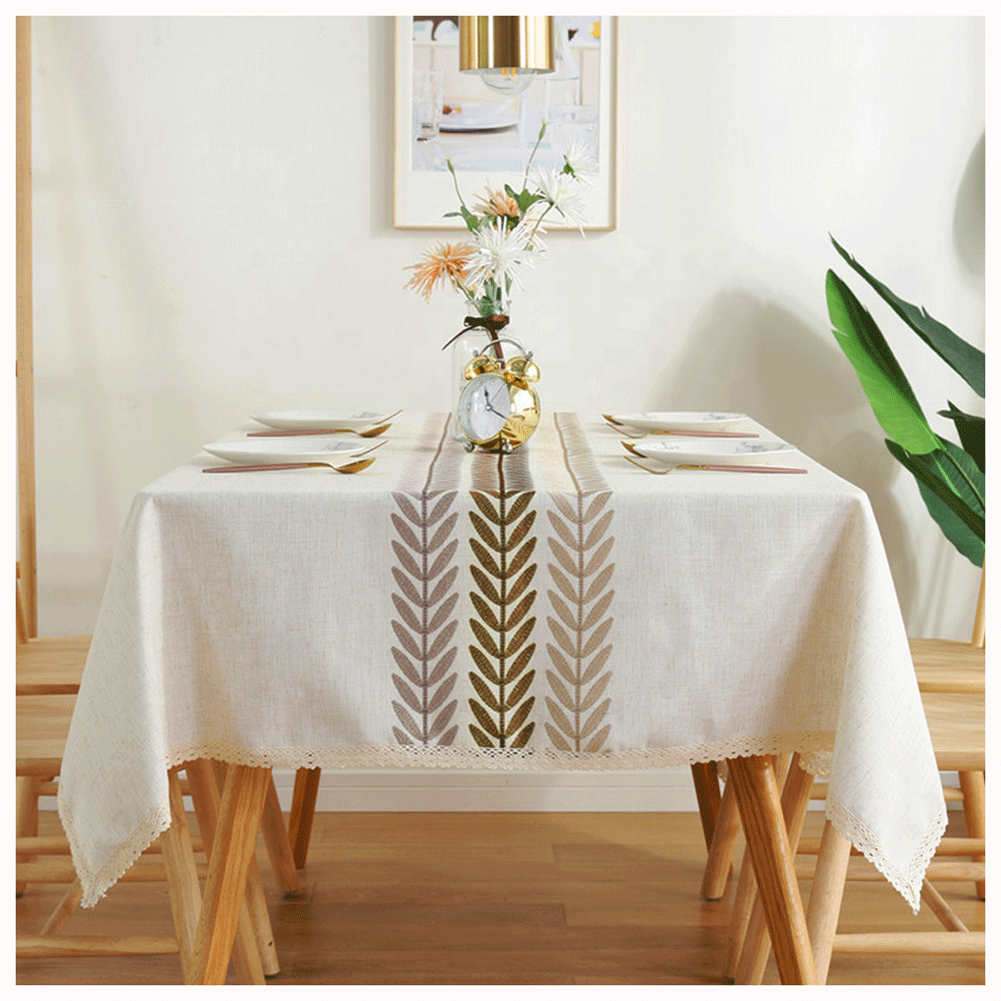 Stylish Geometric Embroidered Linen Rectangular Water Proof Table Cloths Washable Wrinkle Free Dust-Proof Dining Table Cover