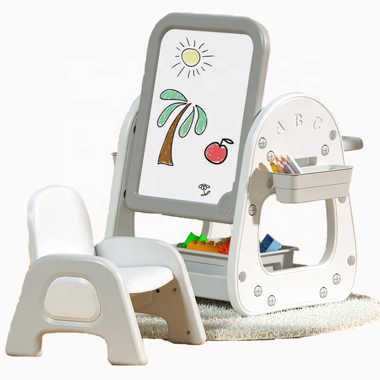 Plastic Height Adjustable Study Multi-functional Building Block Table and Chair Kids Drawing Blackboard with Storage Box