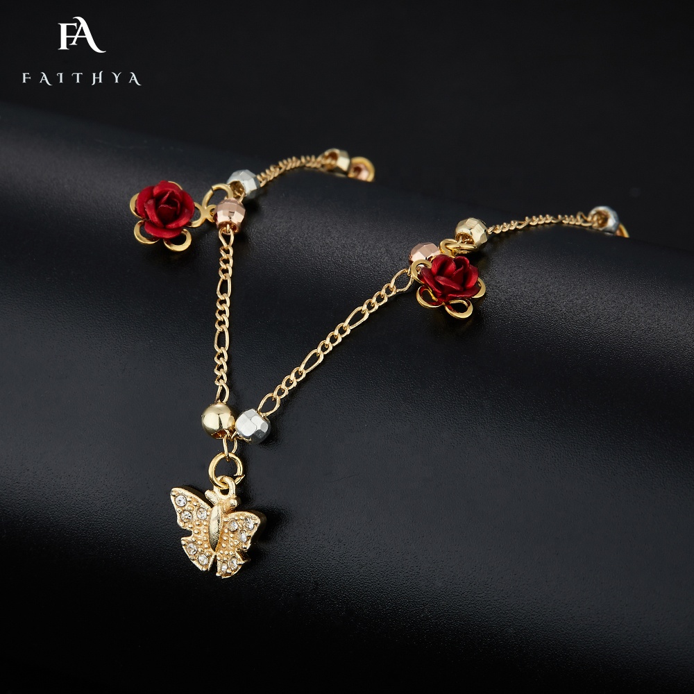 FB0071 Oro Laminado 14K Gold Plated Zircon Rosary Beads Red Rose Virgin Mary Butterfly Adjustable Figaro Chain Bracelets Women