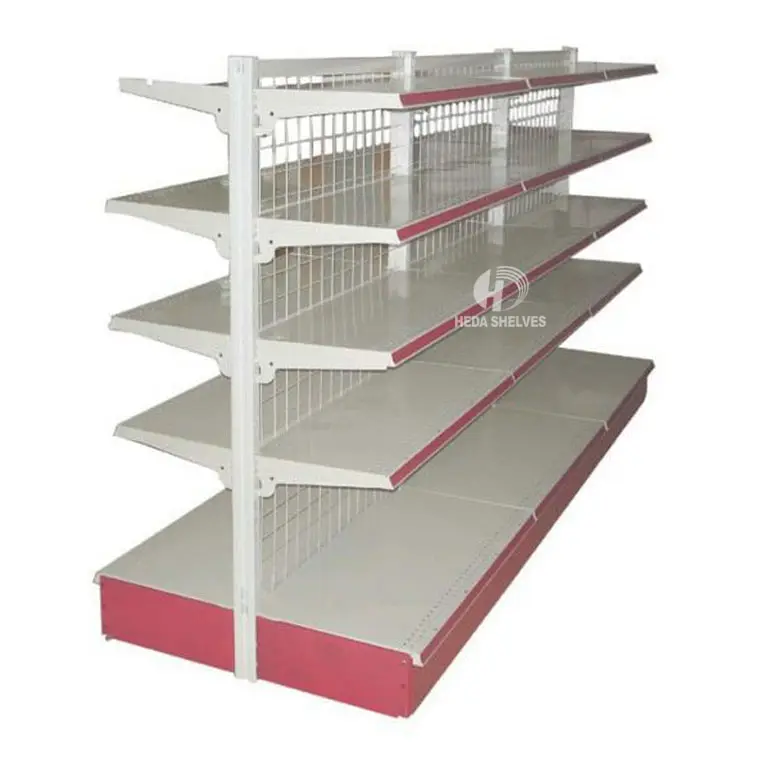 Metal supermarket display gondola store shelf with wire mesh used for market