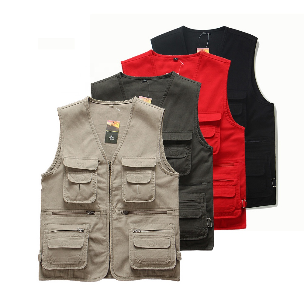 Custom Summer Men 100% Cotton Cargo Zipper Multi Pocket Vest