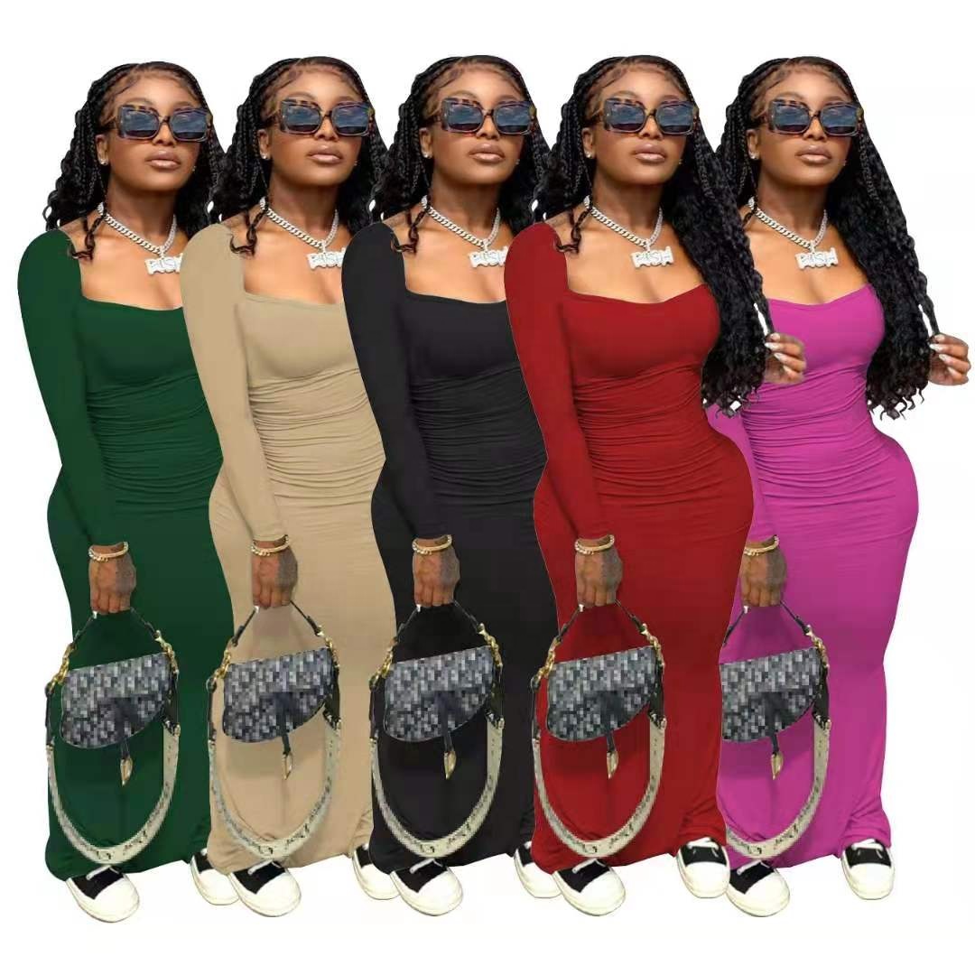 J&H wholesale cozy fall dress solid color long sleeve maxi dress women bodycon dresses casual style