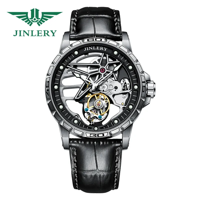 JINLERY Tourbillon Movement Watch Custom Logo Waterproof Luminous Skeleton Mechanical Tourbillon Movement Watch