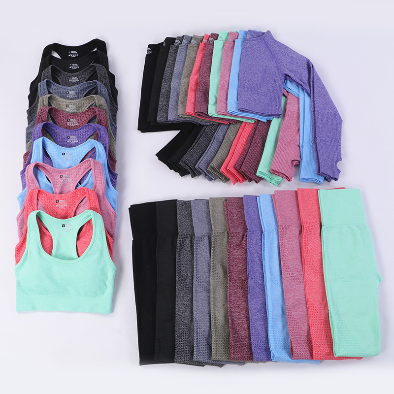 Popular Seamless Yoga Suit 5 piece Sports Shirts Crop Top Leggings Gym Clothes Fitness Tracksuit Workout Set