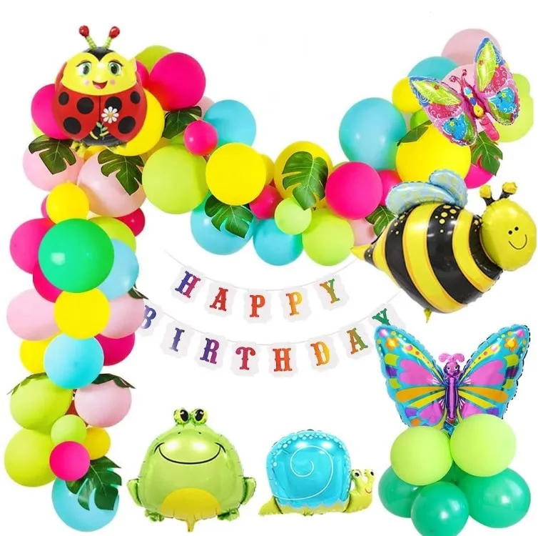 Garden Insects Girl Birthday Party Decorations set Bee Butterfly Snails Palm Leaves Balloons Pack and Happy Birthday Banner set