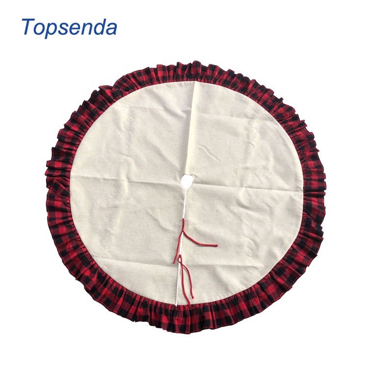 New Personalized monogram christmas sublimation blank burlap linen tree skirt with red black black white plaid ruffles
