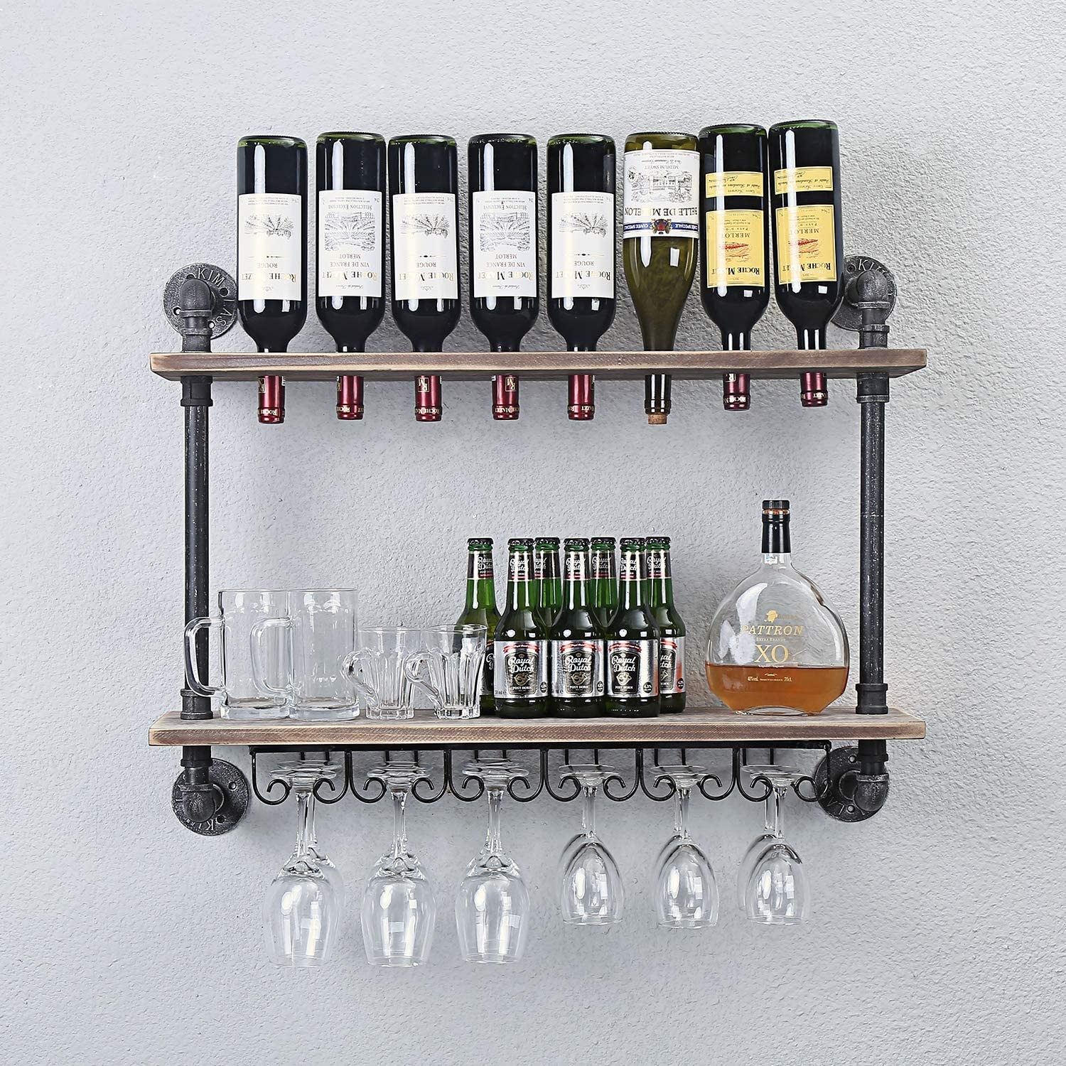Industrial Rustic Wall Mounted Wine Racks with Glass Holder Pipe Hanging Wine Rack 2-Tiers Wood Shelf Floating Shelves