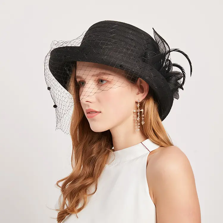 Vintage Classic Black Womens Round Bowler Hats Wide Brim Fedora Formal Church Hats With Mesh