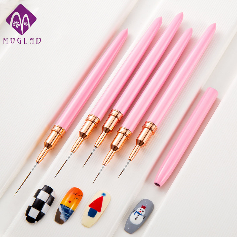 Professional Extra Thin Pink Metal Handle Nail Brush Set nail liner brush 5 pcs set