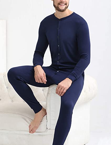 N027 Men's Cotton Thermal Underwear Union Suits Henley One piece Base Layer