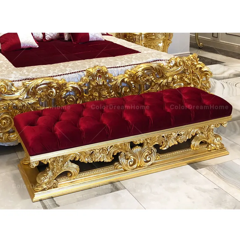 villa palace furniture golden plated bed set with night stand and bed bench Footstool for shoes bench cloakroom sofa bench