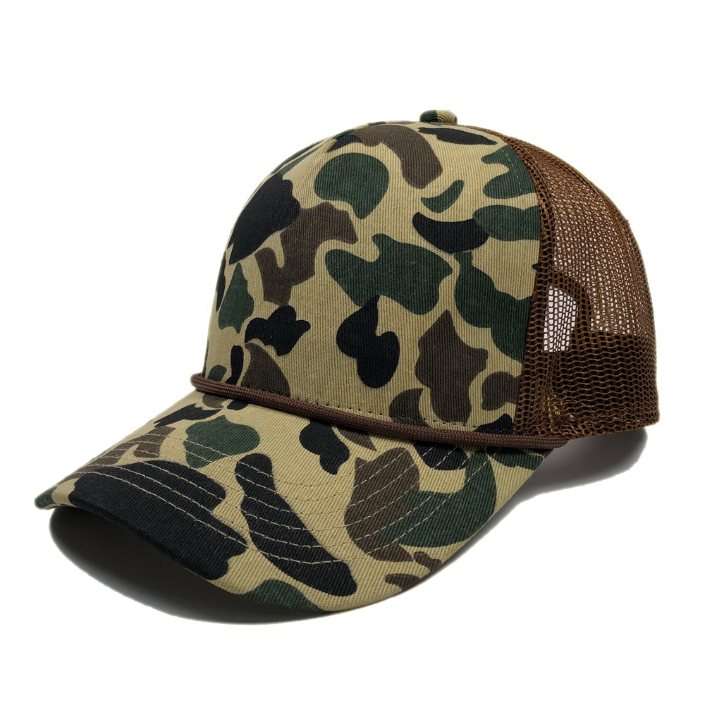 OEM модный дизайн хлопок унисекс 5 панелей gorras сетка камуфляж Спортивная Кепка с принтом дизайн Логотип Пользовательский тракер Кепка для гольфа с веревкой