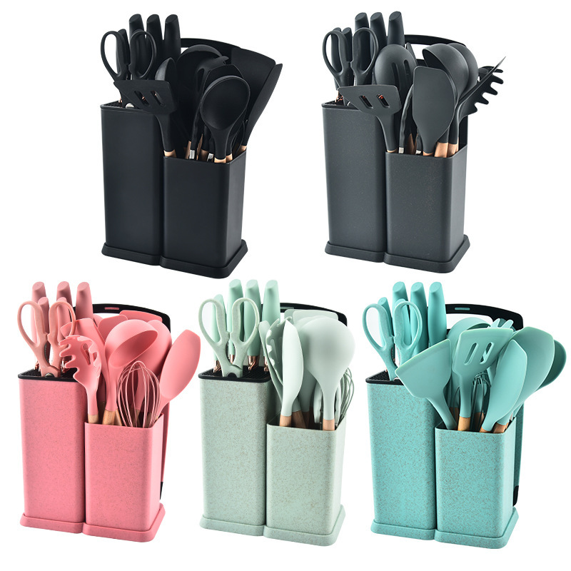 19 pcs Wood Handle Silicone Kitchen Utensils Kitchen Set Kitchen Utensils with Storage Holder Wood Handle Silicone Cooking Set