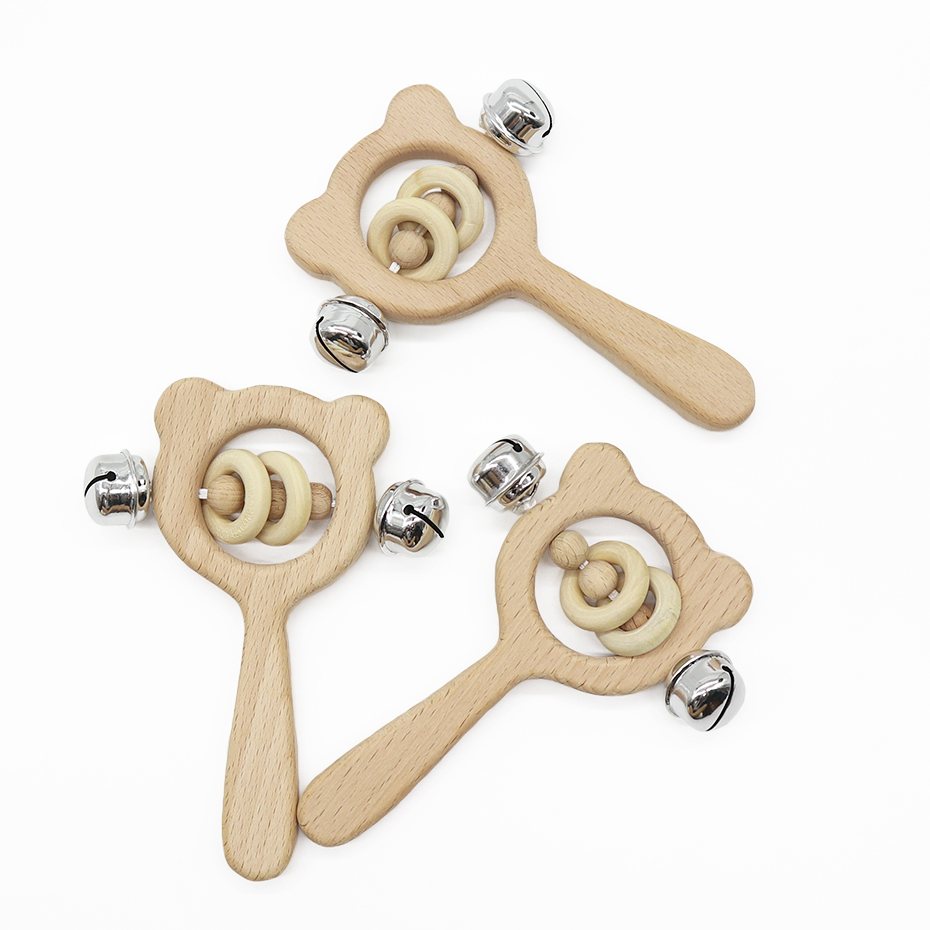 Eco Friendly Rattles And Toys Gift Hand Bell Teething Educational Beech Wooden Rattle Toys For Babies