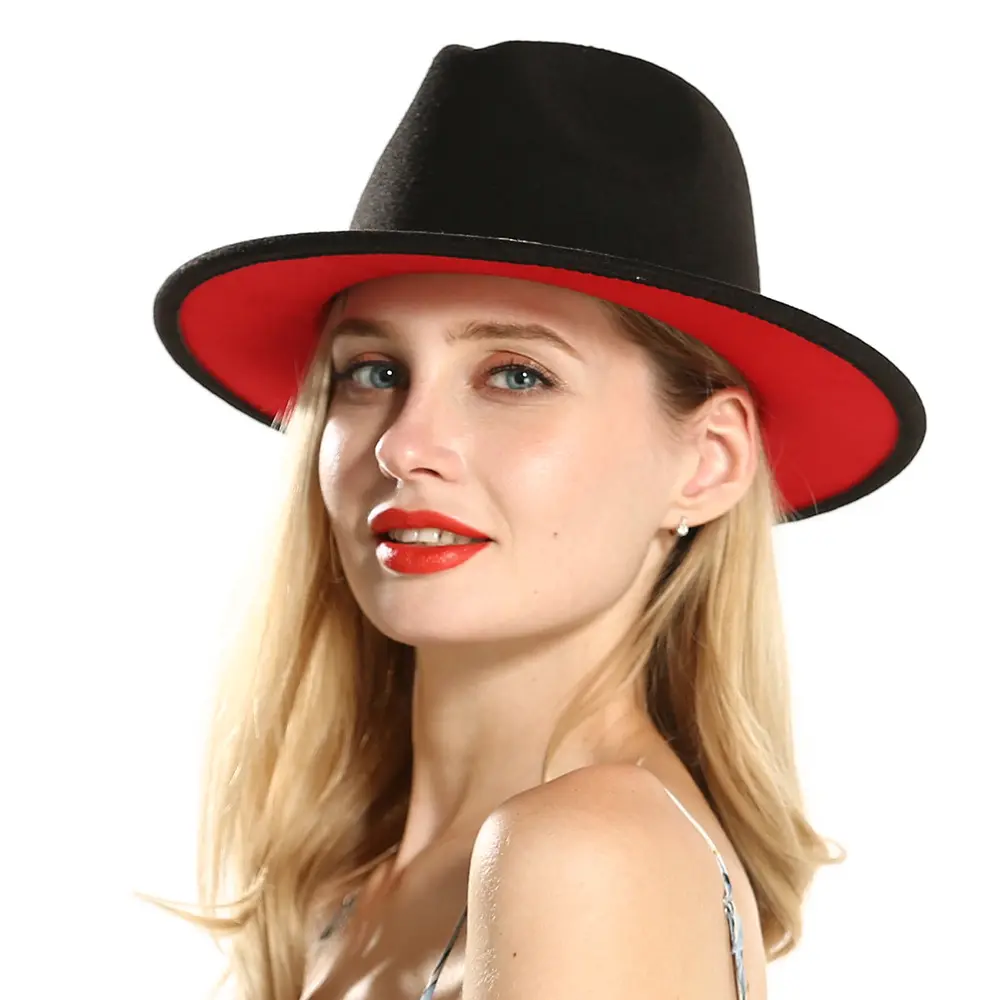 Outdoor Vintage Men women Summer Wide Brim Panama Fedora Sun Hat felt Fedora Hats caps Black Red Wide Brim Fedora Hat
