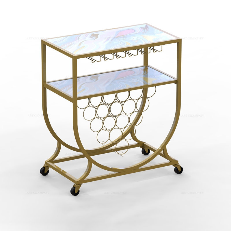 Wine Rack Gold UV Printed Glass Marble Bar Cart Trolley with Black Brake Wheels