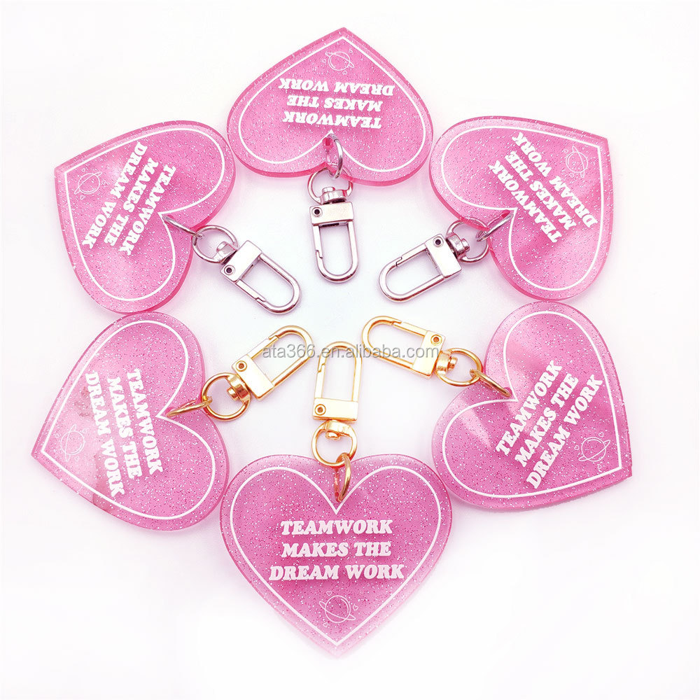 4 Custom Heart Shape Keychain Blank PINK Plastic Acrylic Glitter Love Key Chains Printed Logo Red Heart Mirror Key Ring Charms