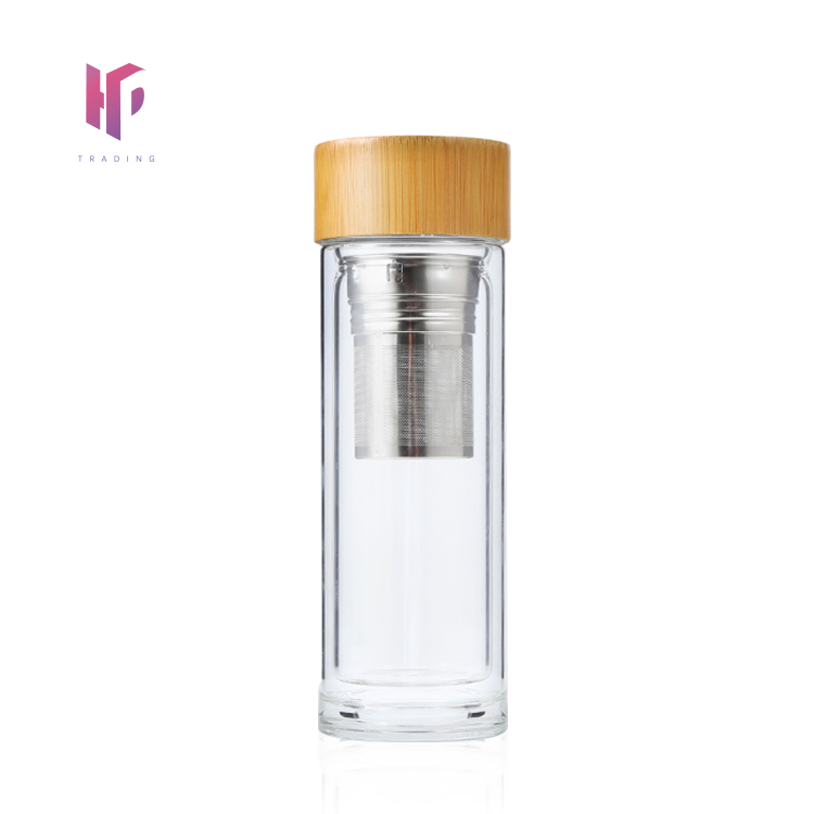 2020 New Double Wall Glass Bottle With Bamboo Lid Glass Water Bottles Tea Infuser Filter Water BottleTravel Mug Wholesale