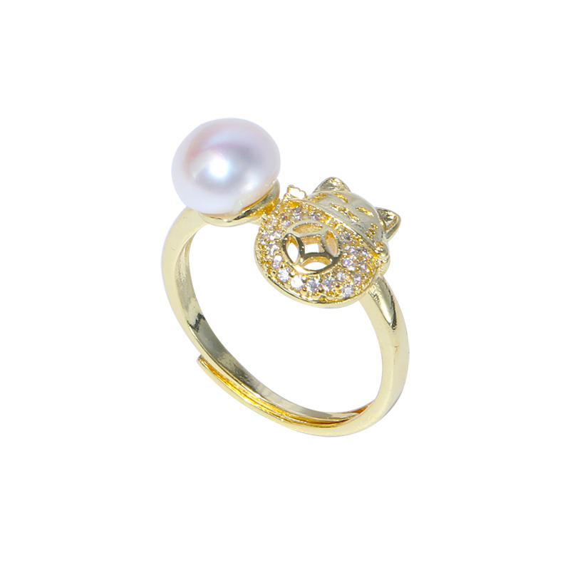 Fashion fortune cat design 14K gold plated 7-8mm button pearl ring with cheap price