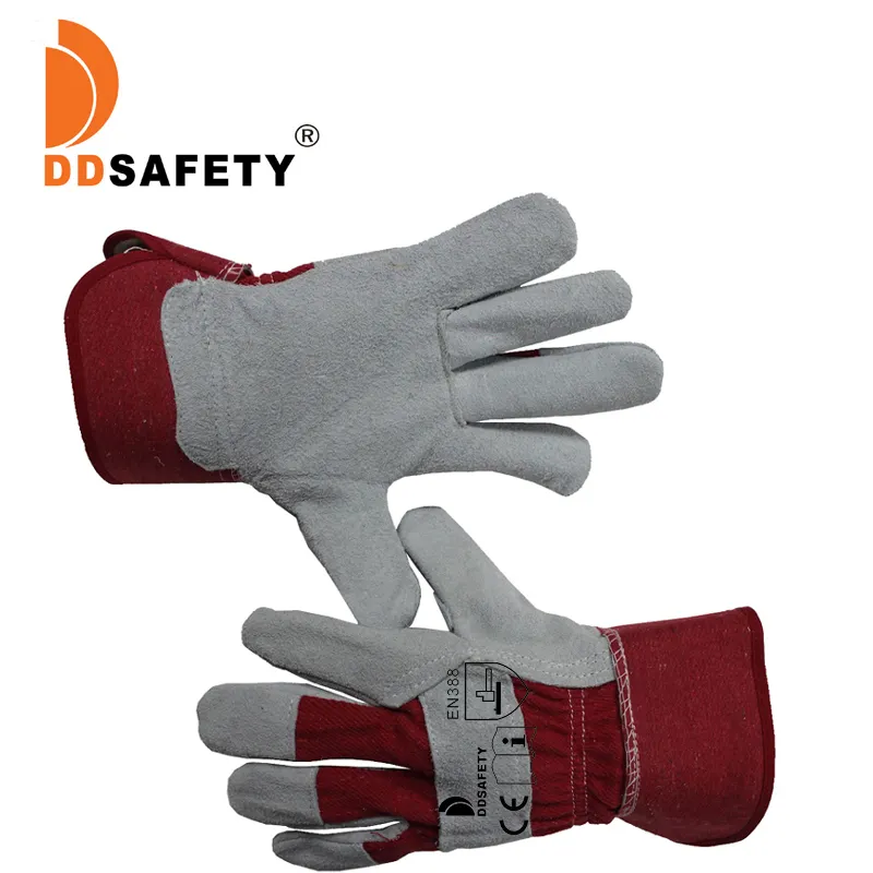 DDSAFETY red cotton back full palm grey cow leather work gloves