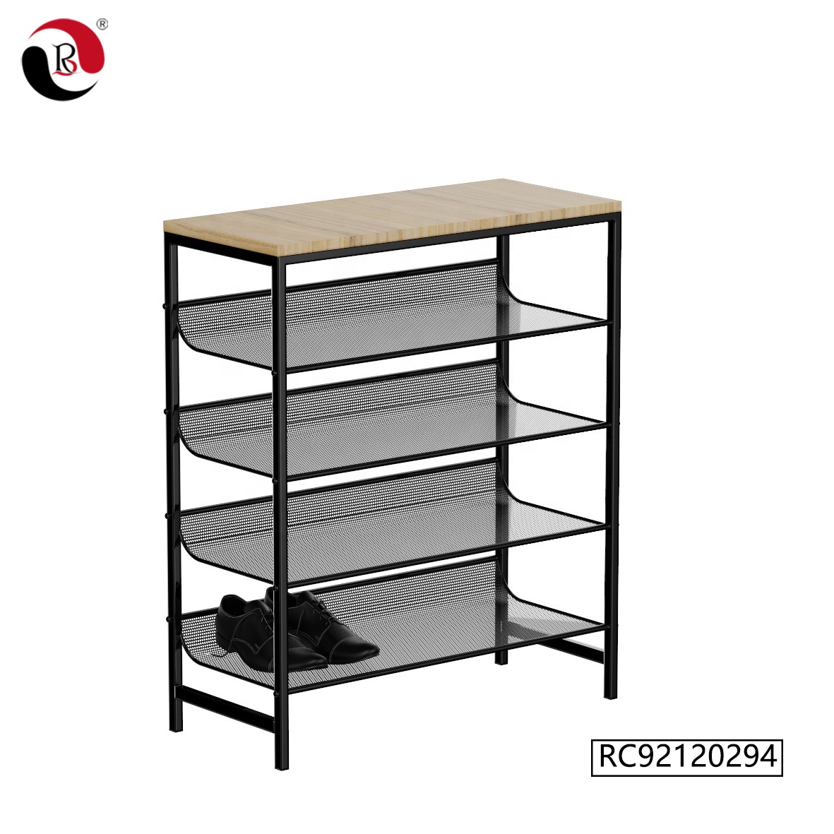2021 New Arrival 5 Tier Wooden Metal Mesh Shoes Rack