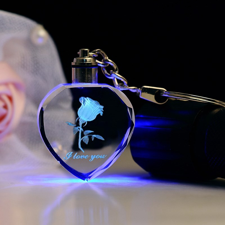 Wholesale Led Rose Heart Shaped Key Chain Crystal Custom Logo Photo Frame Crystal Keychain
