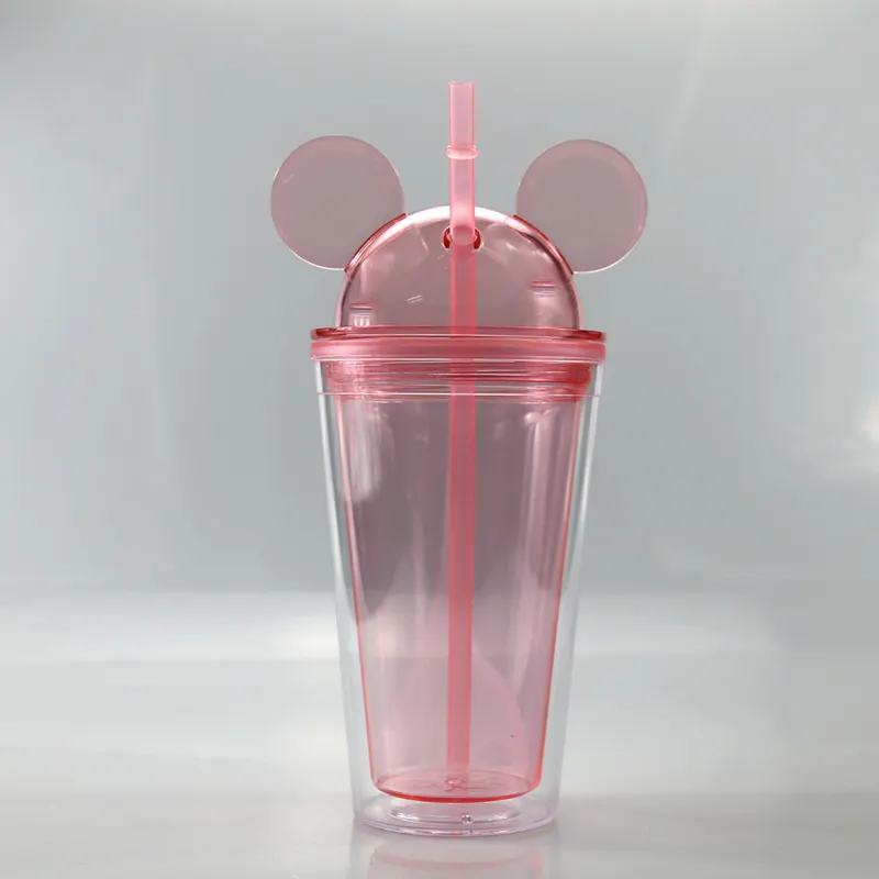 450ml 8 Colors Available Hotsale Ear Tumbler Mickey Mouse Acrylic Plastic Tumbler with Lid and Straw