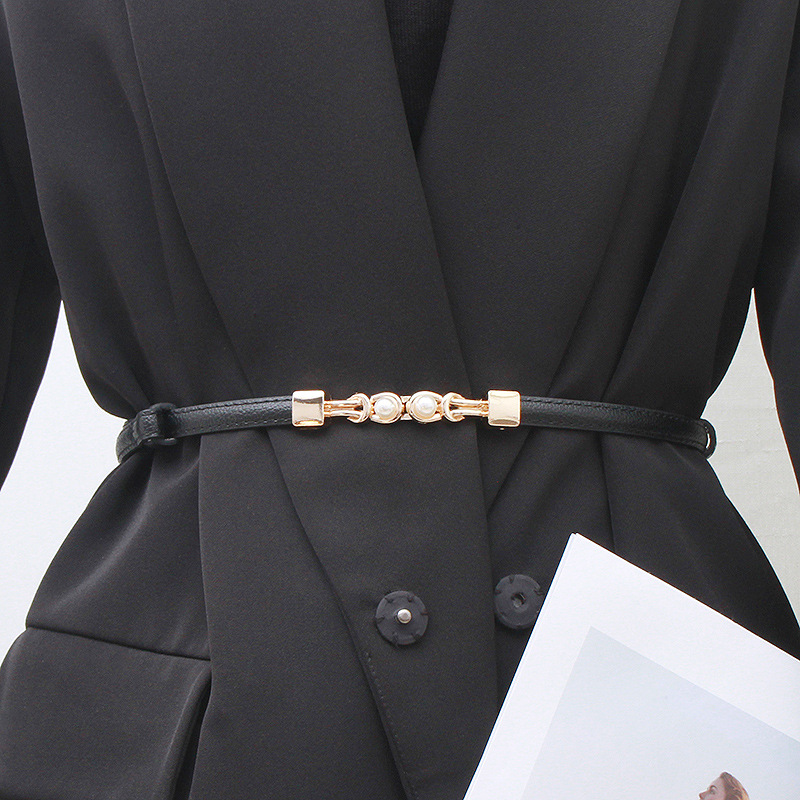 Women's Versatile PU Belt with Fine Decoration Cinching Waist Pearl Buckle Small Size for Suits Sweaters Skirts Black Color