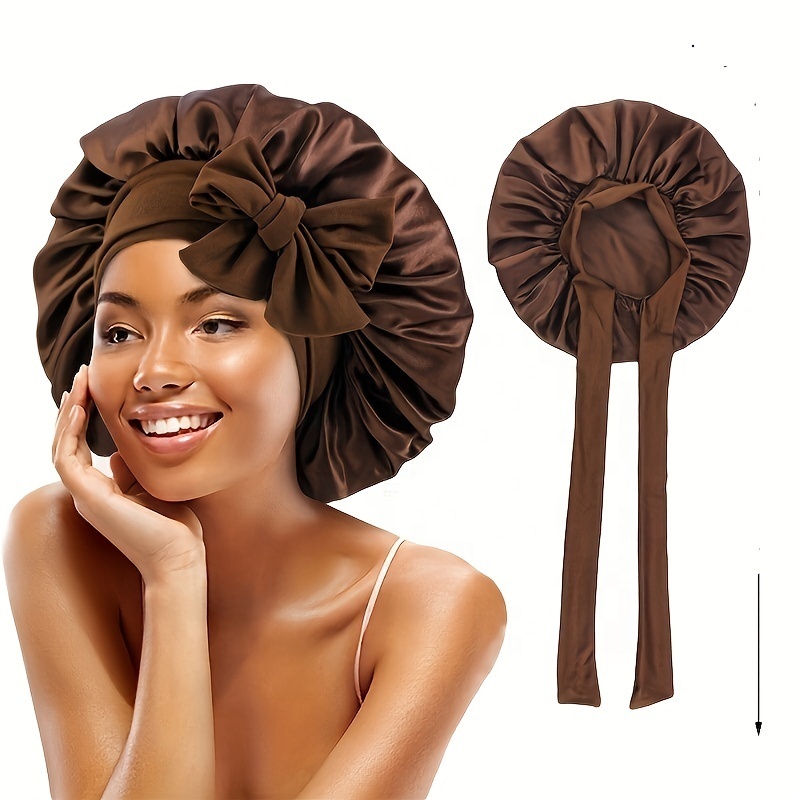 Women Bowknot Lace Up Satin Bonnet Elegant Solid Color Hair Bonnets Soft Elastic Sleeping Night Cap Lightweight Shower Bath Cap