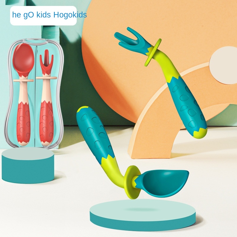Flexible training baby elbow fork spoon set with storage box portable tableware learn to eat children spoon