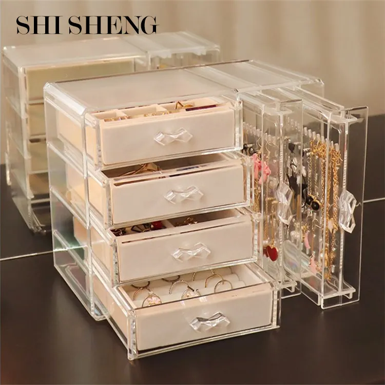 SHI SHENG 4 Velvet Drawers Clear Earrings Ring Necklace Bracelet Jewelry Hanging Boxes Acrylic Jewelry Organizer Box for Women