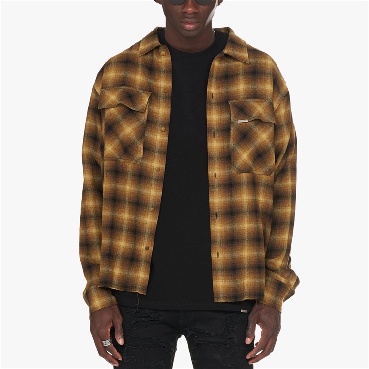 OEM custom mens loose fit collared plaid checked flannel shirt with front pockets