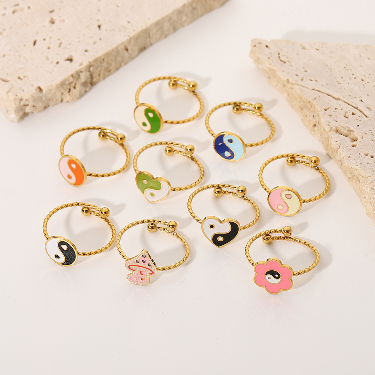 New arrival popular adjustable ring stainless steel metal yin yang tai chi mushroom cute ring for girls