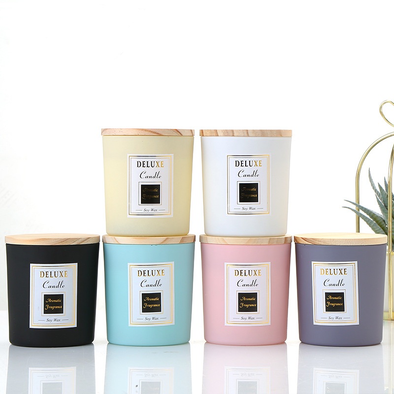 Empty 8oz Matte Pink Blue iridescent Glass candle jars with wooden lids