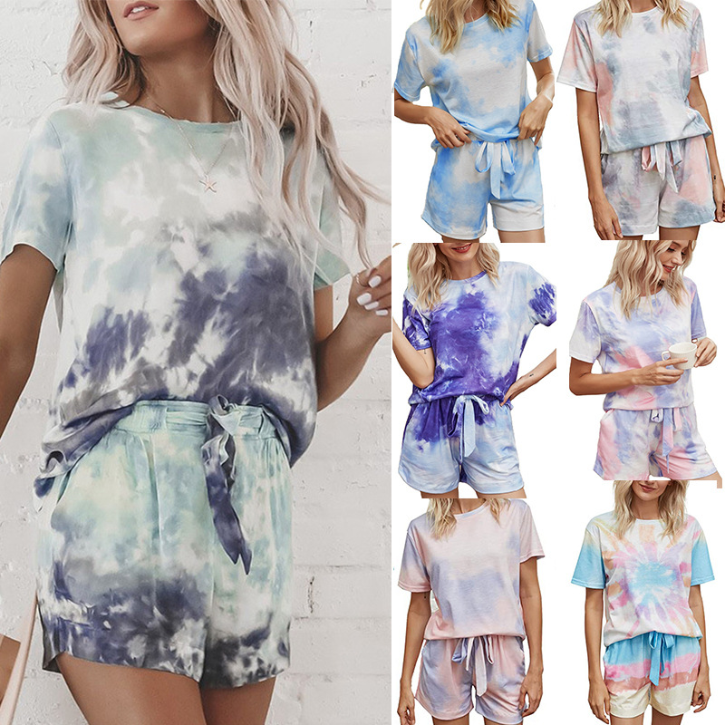NS2003 2021 Spring Summer Wholesale Tie Dye Pajamas For Women Two Piece Pants Set Women's Sleepwear