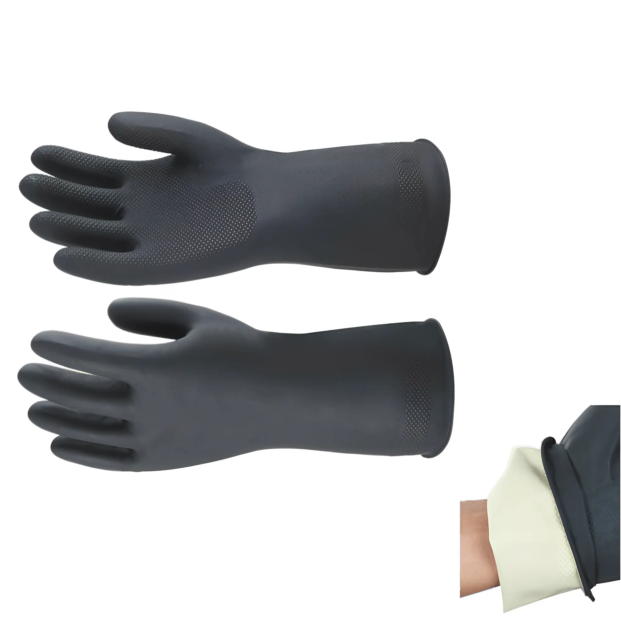 High Quality 33cm EN374 EN420 EN388 Heavy Duty Diamond Grip Flock Lined Industrial Safety Work Natural Latex Rubber Gloves