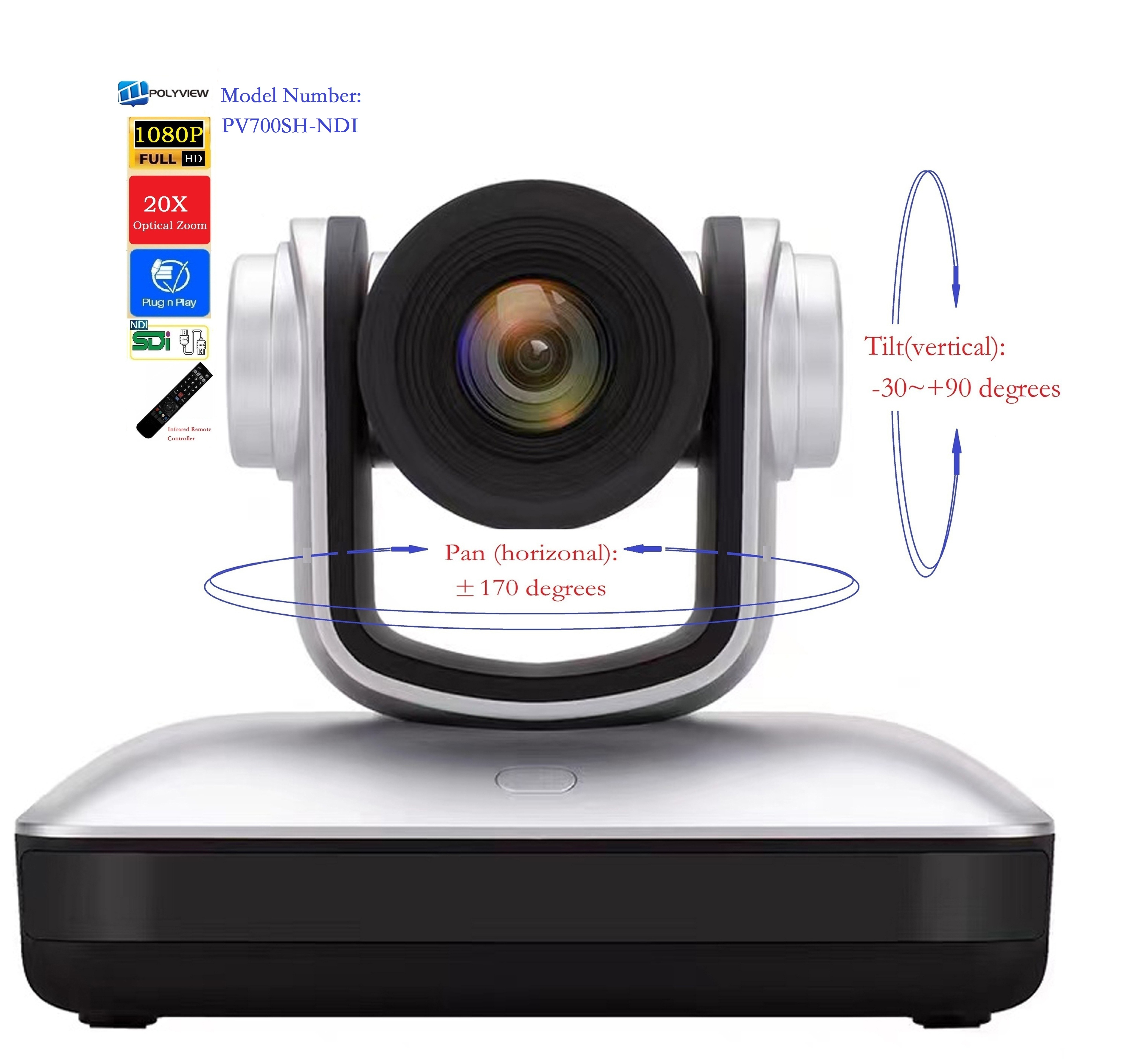 NDI-HX5.0, Full HD 1080P камера видеоконференции, 20x оптический зум с SDI -HDMI интерфейс, электросвязи (модель PV700SH-NDI)