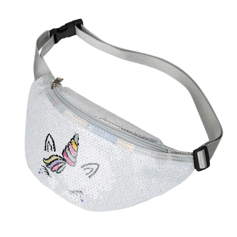 Heopono Nice Design Custom Low MOQ Fashion Zippered Waist Bag Adults Women Men Pallette Unicorn Sequins Fanny Pack