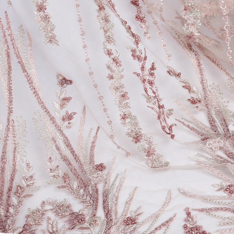 Factory outlet 100%poly pink flat embroidered luxury hand glitter beaded mesh lace fabric for dress