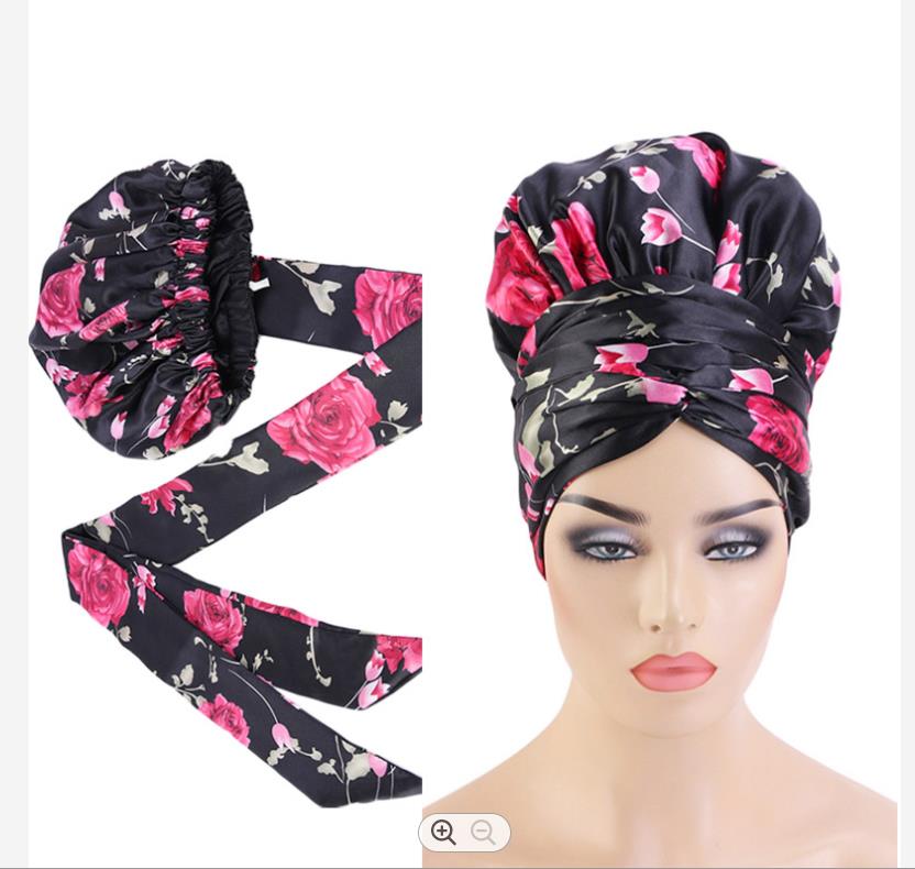 Hot Sale New Fashion Double Layer Satin Turban Bonnet With Long Tube Tail Women Silky Headscarf Headwrap Head wrap Lux Bonnets