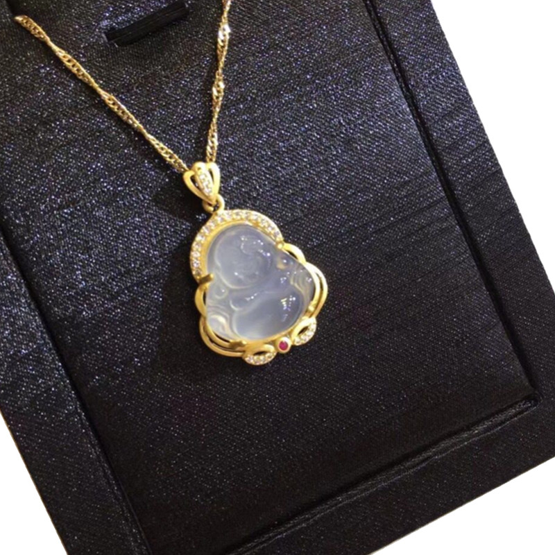 Wholesale Cheap Jewelry Copper Silver Plated Agate Chalcedony Pendant Necklace Maitreya Buddha Pendant