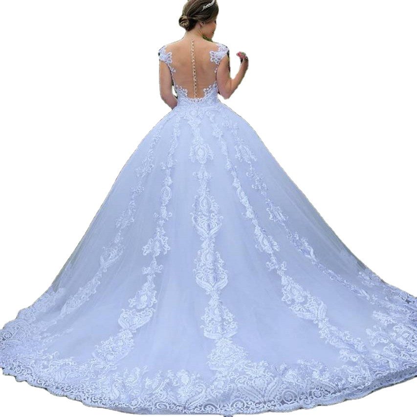 2021 new European and American style wedding dress white retro lace wedding dress V-neck open back sexy main wedding dress plus