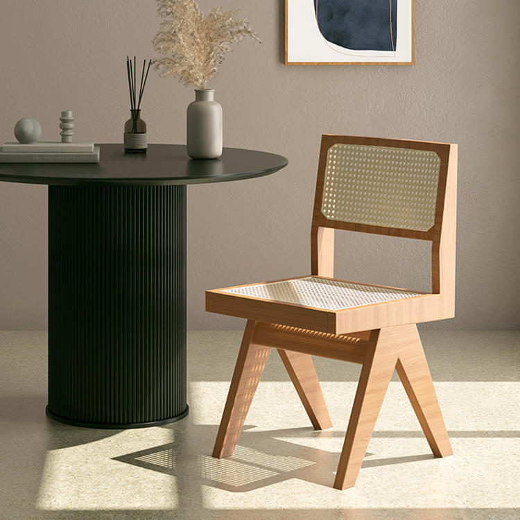 Indoor Solid Wood Simple Design Pierre Jeanneret Le Corbusier Chair Solid Wood Rattan Armless Dining Chair