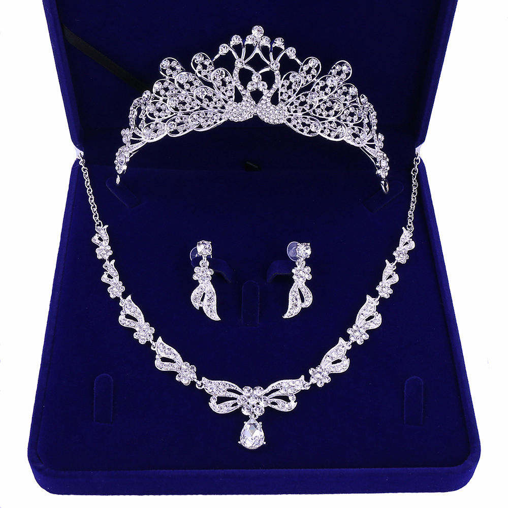 Korea Boxed Full Crystals Bridal Wedding Crown Luxury Customized Necklace Earring Headdress Set Fashion Accessories Jewelry Set