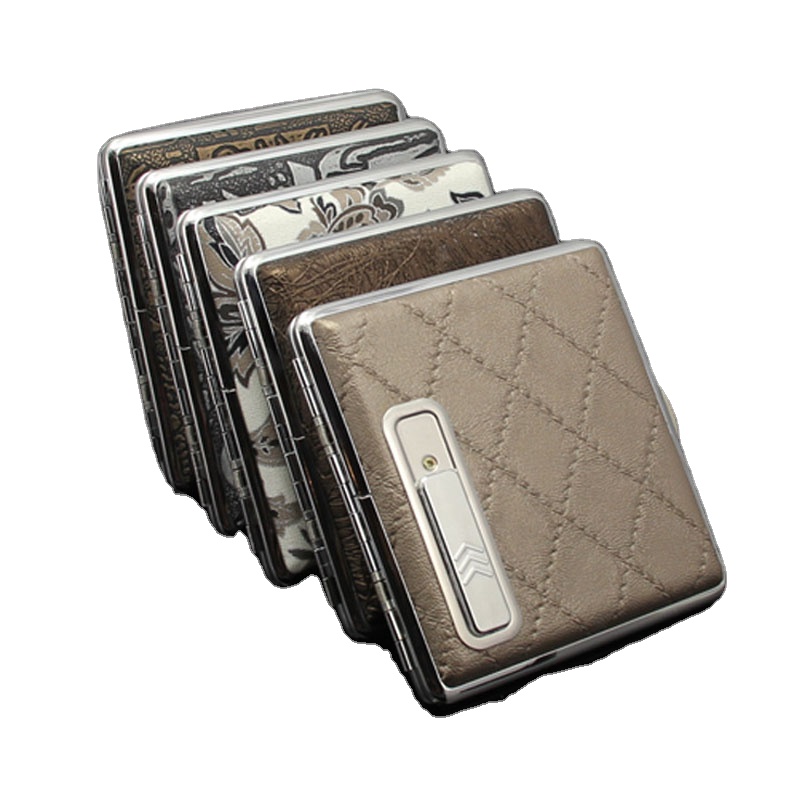 The slim and stylish cigarette case 20 pack slim PU Metal cigarette case/ With USB Electronic Lighter