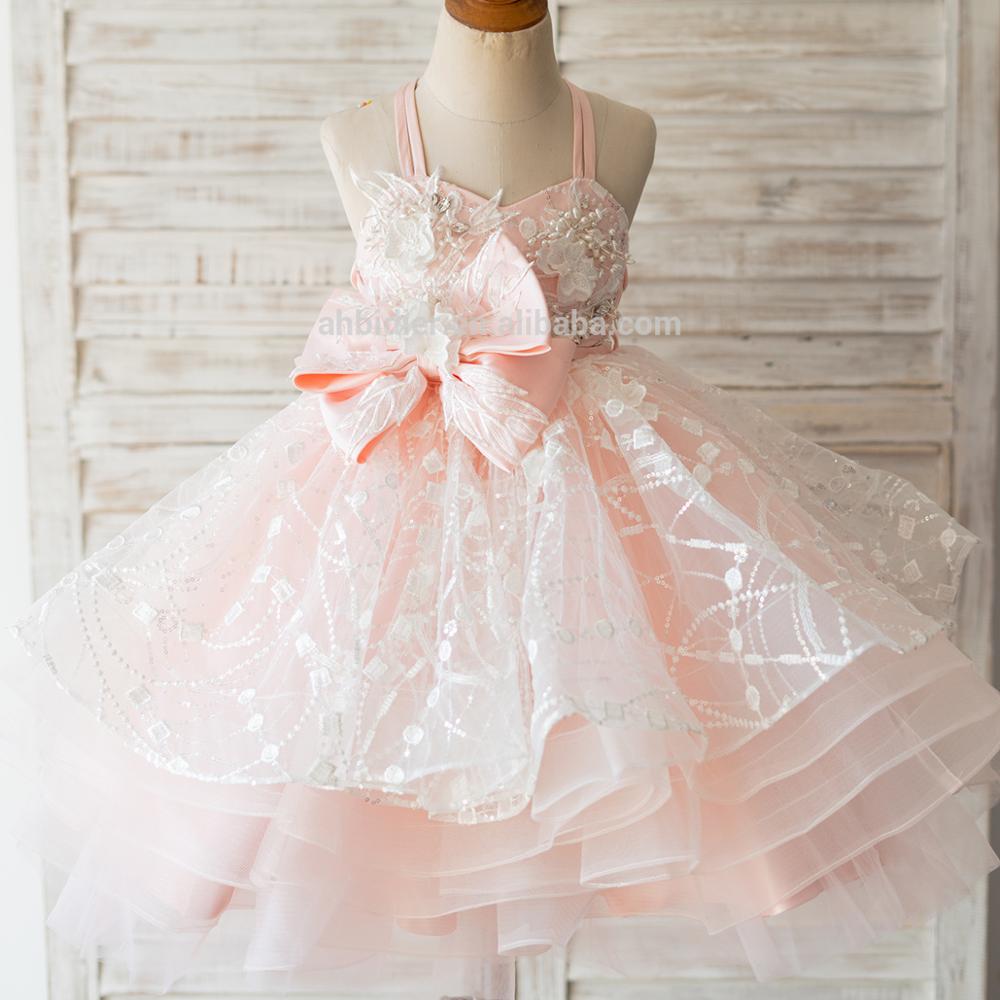 Pink Tulle Beaded Lace Wedding Flower Girl Dress Kids Party Dress Kids Photography Dress with Horsehair