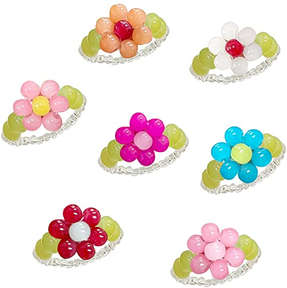 Fashion Cute Handmade Glass Rings Y2k Aesthetic Stretch Rings Colorful Flower Beaded Rings for Women Girls