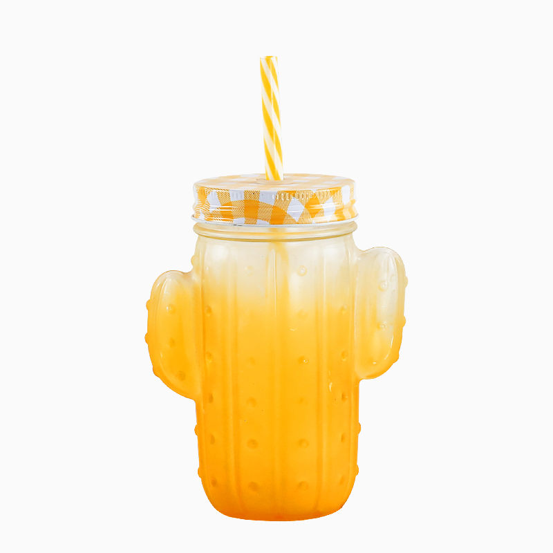 500ml MultiColor Dust Proof Home Office Glass Drinking Cup Mugs Transparent Cactus Shape Mason Jar Straw Water Cup With Lid