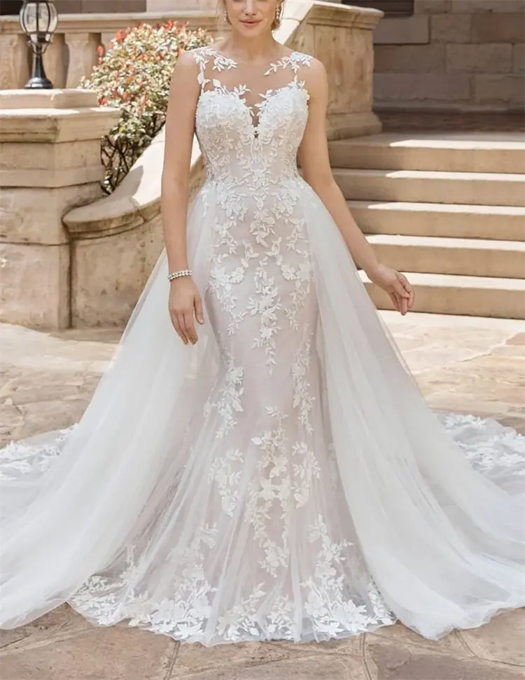 Beautiful Light Luxury Wedding Dress Elegant Gentle Slim Figure Display Detachable Gauze Train Sleeveless Bridal Wedding Dress